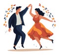 Hispanic couple dancing salsa, man in suit, woman in red dress. Festive mood, dynamic movement, joyful dance vector
