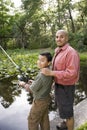 Hispanic father and son fishing in pond