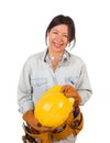 Hispanic Female Contractor Wearing Goggles, Hard Hat and Goggles Isolated on White Background