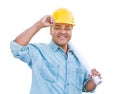 Hispanic Male Contractor In Hard Hat with Blueprint Plans Isolated on a White Background