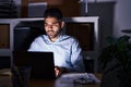 Hispanic man with beard working at the office with laptop at night thinking attitude and sober expression looking self confident Royalty Free Stock Photo