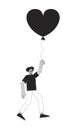 Hispanic man flying with balloon in hands black and white 2D line cartoon character Royalty Free Stock Photo