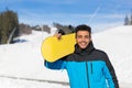 Hispanic Man Hold Snowboard Ski Resort Winter Snow Mountain Cheerful Happy Smiling Guy Royalty Free Stock Photo