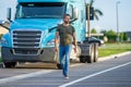 hispanic man posing in front of truck. Semi trucks vehicle. man driver near lorry truck. man driver near lorry truck Royalty Free Stock Photo