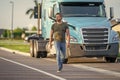 hispanic man posing in front of truck. Semi trucks vehicle. man driver near lorry truck. man driver near lorry truck Royalty Free Stock Photo