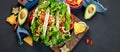 Hispanic mexican food, meat tacos with shrimps on dark background Royalty Free Stock Photo