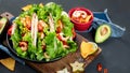 Hispanic mexican food, meat tacos with shrimps on dark background Royalty Free Stock Photo