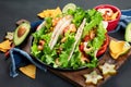 Hispanic mexican food, meat tacos with shrimps on dark background Royalty Free Stock Photo