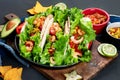 Hispanic mexican food, meat tacos with shrimps on dark background Royalty Free Stock Photo