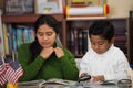 Hispanic Mom and Boy in Home-school Environment Studying Rocks Royalty Free Stock Photo