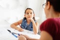 Hispanic Mother Helping Girl Doing School Homework At Home