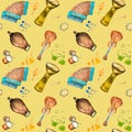 Hispanic musical instruments and watercolor splash seamless pattern on beige.