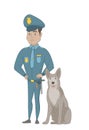 Hispanic police officer standing near police dog.