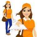 Hispanic post woman in orange uniform