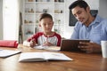 Hispanic pre-teen boy sitting at table working with his home school tutor, using tablet computer