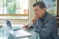 Hispanic senior man working at home office with laptop computer. Royalty Free Stock Photo