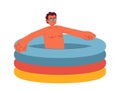 Hispanic sunglasses man in inflatable swimming pool semi flat color vector character