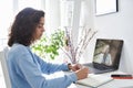 Hispanic teen school girl student distance learning online lesson on video call.