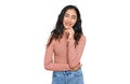 Hispanic teenager girl with dental braces wearing casual clothes looking confident at the camera with smile with crossed arms and Royalty Free Stock Photo