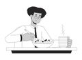Hispanic white collar worker eating salad black and white 2D line cartoon character