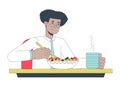 Hispanic white collar worker eating salad 2D linear cartoon character