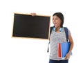 Hispanic woman or female student holding blank blackboard with copy space for adding message Royalty Free Stock Photo