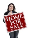 Hispanic Woman Holding Home For Sale Real Estate Sign Royalty Free Stock Photo