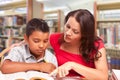 Hispanic Young Boy and Famle Adult Studying At Library