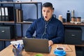 Hispanic young man working at the office with laptop scared and amazed with open mouth for surprise, disbelief face Royalty Free Stock Photo