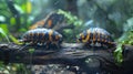 Hissing cockroaches from Madagascar traversing a log. Vibrant insects within an enclosed habitat. Concept of exotic pet Royalty Free Stock Photo