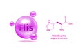 Important amino acid Histidine His and structural chemical formula and line model of molecule.