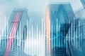 Histogram and lines economic chart of financial instrument on modern metropolis. Up and down arrows.