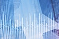 Histogram and lines economic chart of financial instrument on modern metropolis. Up and down arrows.