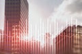 Histogram and lines economic chart of financial instrument on modern metropolis. Up and down arrows.