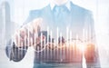 Histogram and lines economic chart instrument on modern metropolis