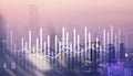 Histogram and lines economic chart on modern architecture background