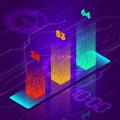 The histogram. Multi-colored graph on a purple background. Growing chart. Isometry