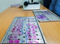 Histopathology slides stained with leishman stain, displayed and ready for microscopy