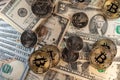 Historic antique USD banknotes and coins next to digital currency. Bitcoin cryptocurrency