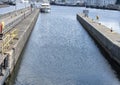 Historic Ballard Locks at the west end of Salmon Bay in Seattle, Washington`s Lake Washington Ship Canal.