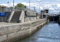 Historic Ballard Locks at the west end of Salmon Bay in Seattle, Washington`s Lake Washington Ship Canal. Royalty Free Stock Photo