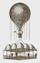 Historic balloon with two separate passenger areas, a platform attached under the basket