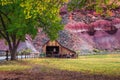 Historic barn with horses in the Capitol Reef National Park, Utah