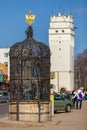 The historic Beautiful Well and the Wroc?aw Tower in Nysa. Royalty Free Stock Photo