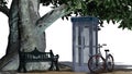 Historic Bicycle standing beside phone box, park bench and tree