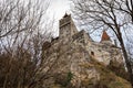 Historic bran castle surrounded by bare trees on a rocky hill during winter Royalty Free Stock Photo
