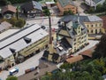 Historic brewhouse called German Hofbrauhaus Berchtesgaden shot with drone