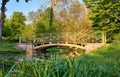 Historic bridge in the Schwerin palace garden. Water landscape