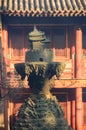 Historic bronze sculpture, a house with walls in the forbidden city