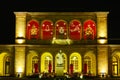 Historic building in German spa town lighted by night in festive season Royalty Free Stock Photo